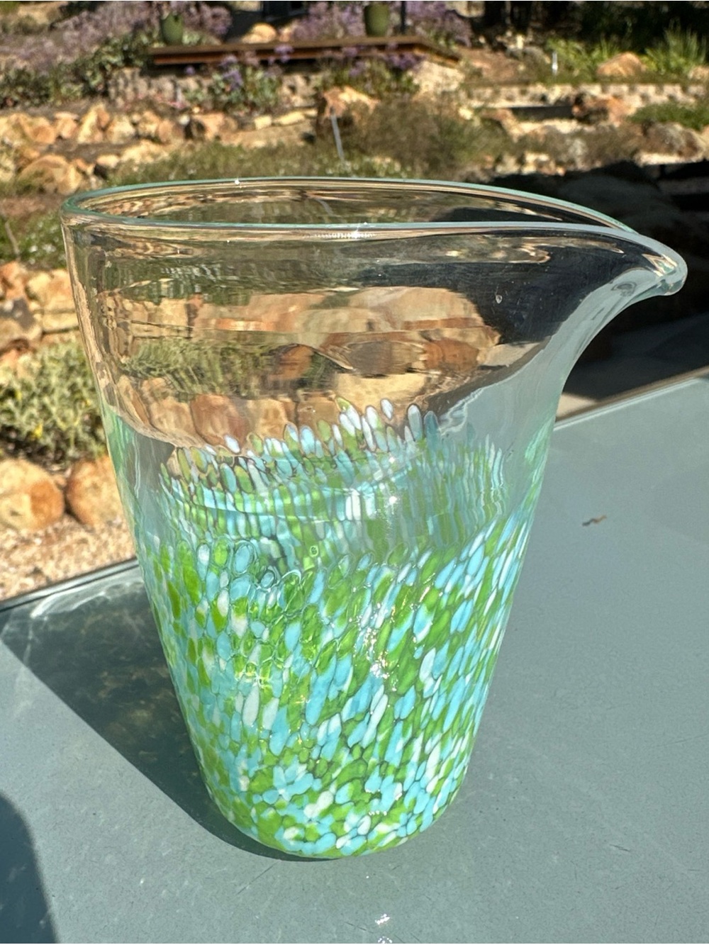 VINTAGE STUDIO CRAFTED BLUE GREEN COLORED HAND BLOWN ART GLASS‎ PITCHER 4.75"